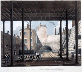 Magazzini e lavori alla fine del tunnel verso Wapping, inciso da S.G. Hughes, 1831